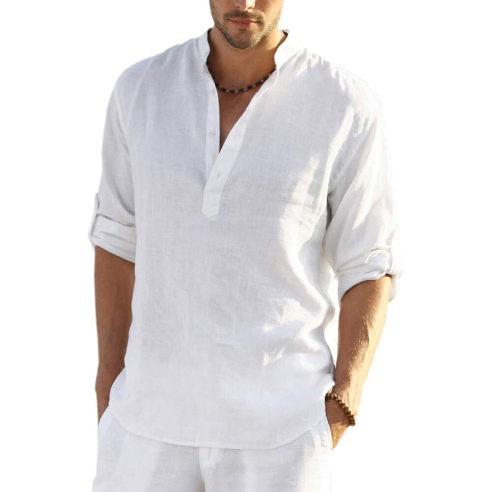 Men's 1 White Cotton Linen Henley T-Shirt Long Sleeve Hippie Casual Beach Button